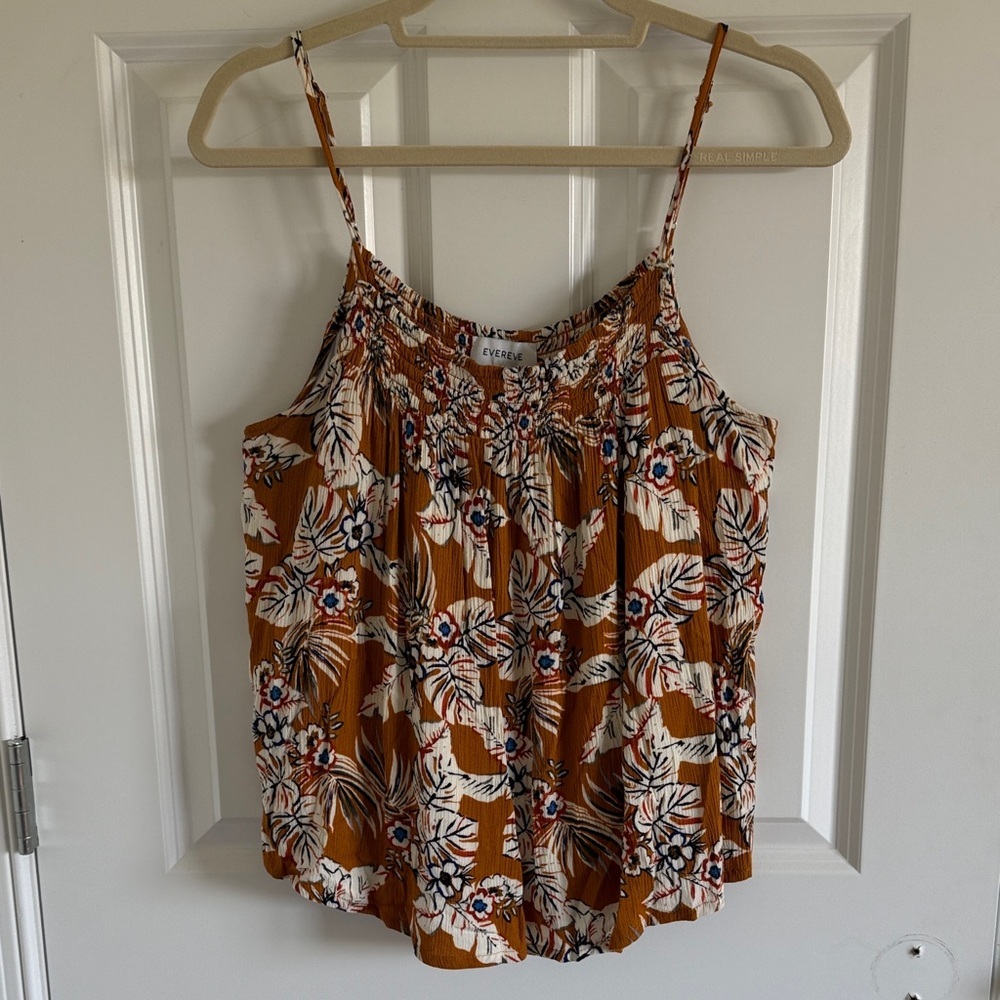 Evereve Boho Floral Flowy Tank Top | Smocked Lightweight Summer Cami Large